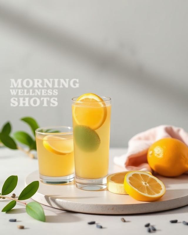Dois copos de shot matinal cítrico com rodelas de limão sobre bandeja clara