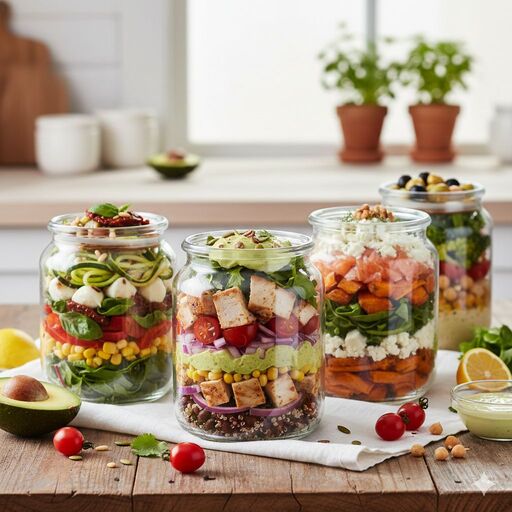 Quatro potes de vidro com saladas montadas em camadas coloridas sobre mesa de madeira